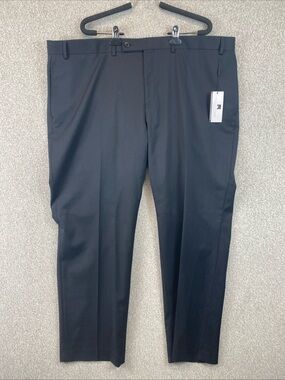 Michael Strahan Flat Front Black Herringbone Dress Pants Size 44x30 Wool Blend